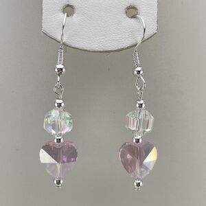 Stunning Pink Heart White AB Glass Beaded Dangle Earrings Cute Silver Tone